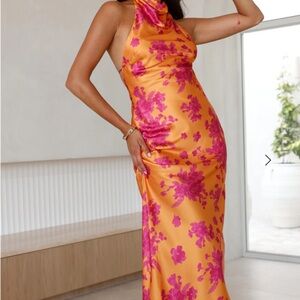 Floral Halter Neck Dress in Orange and Pink
